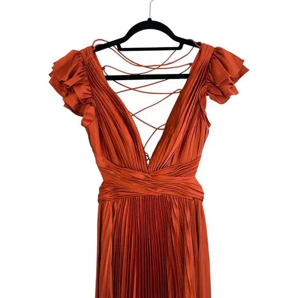 Ieena for Mac Duggal 26729 Satin Pleated Plunge Neck Lace Up Back Gown Size 2 - Picture 5 of 9